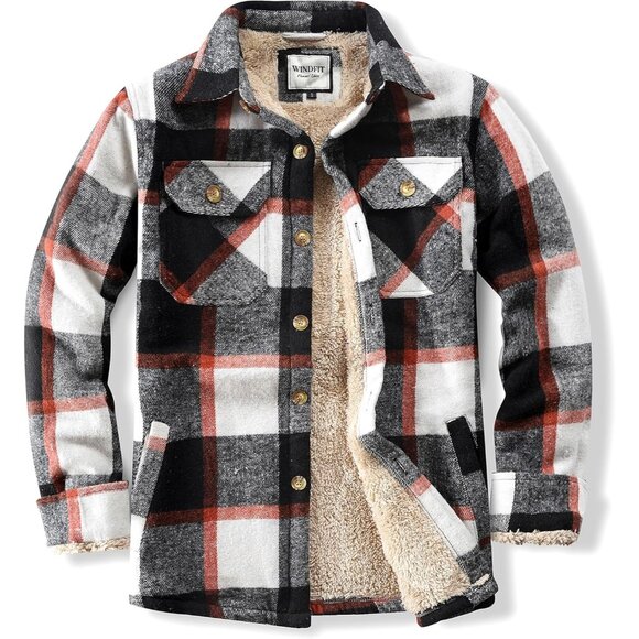 Other - Mens CottonOrangeWhite Sherpa Lined Button Down Flannel Shirt Jacket Plaid Soft.